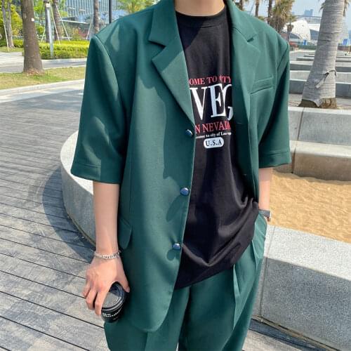 IEFB 2021 Summer New Fashion Solid Color Short Sleeve Suit Coat Green Blue Causal Korean Blazers Single Breated Notched Jacket