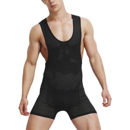 Mens Undershirts Mesh See Through Bodysuits One-Piece Leotard Sports Jumpsuits Fitness Bodywear Wrestling Singlet Swimwear Vests