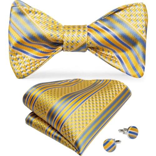 Men Butterfly Tie Yellow Blue Striped Self Bowtie For Men Silk Hanky Cufflink Suit Collar Removable Necktie DiBanGu Design LH082