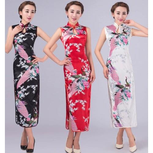 New Fashionable Qipao National Trend Chinese Style Faux Silk Dress Long Cheongsam Qipao Evening Dress
