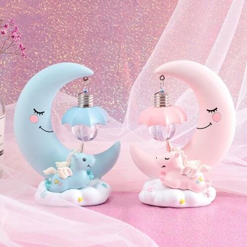 New Cartoon Cute Moon Unicorn LED Night Lights Creative Resin Craft Ornament Girls Room Table Lamp Kids Birthday Christmas Gifts