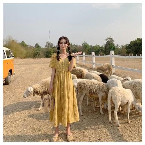 Dress Women Single Breasted Japanese Plaid Loose Dresses Leisure Lovely Korean Elastic Waist Elegant Colorful Dress for Women