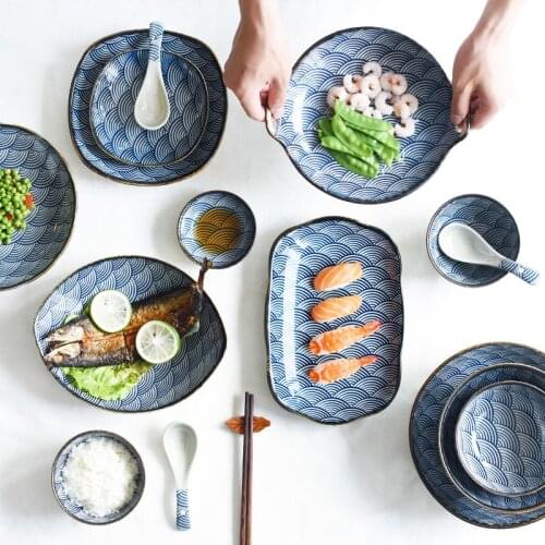 Underglaze Color Japanese Wave Pattern Ceracmic Dinnerware Pasta Plate Rice Bowl Porcelain Saucer Dish