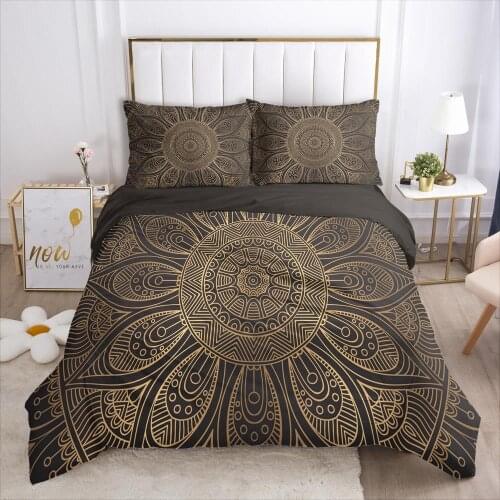 Luxury Buddhist Lotus Pattern Bedding Set 3D HD Black Golden King Size Comforter Duvet Cover Pillowcases Bedclothes Drop Ship