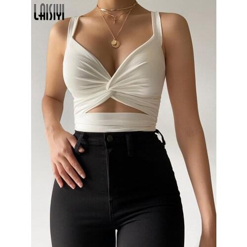 LAISIYI Sexy Skinny V Neck Hollow Out Sleeveless Tank Tops Low Cut Ruched Slim Solid Backless Navel Women Crop Top For Summer