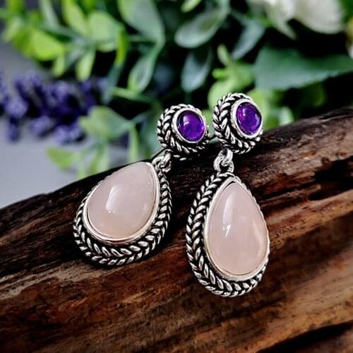 Delicate Pink Stone Teardrop Earrings for Women Girl Dainty Purple Resin Beads Rhinestone Statement Dangle Earrings