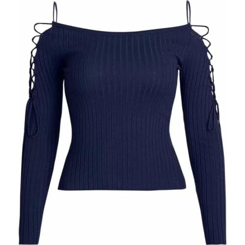 ShesModa Knitted Hollow Lace Up Slace Neck Sweater Womens Top New Pullover Top