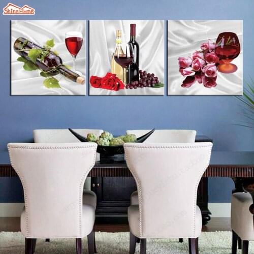 ShineHome-3pcs Wall Art Canvas Prints Paintings Triptych Modular Red Winne Cup Pictures Hotel Restaurant Dining Living Room Deco