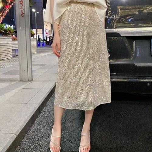 Flectit Glittery Sequin Skirt Womens Green Pink Silver Shiny Midi Skirts Christmas Party New Year Outfits