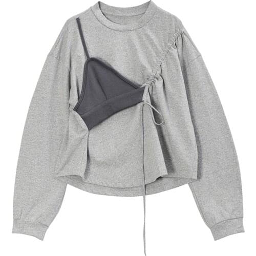 2021 Spring New Korean Fake Two-piece Niche Design Drawstring Long Sleeve Tops For Women Ins Style Fashion Casual X642