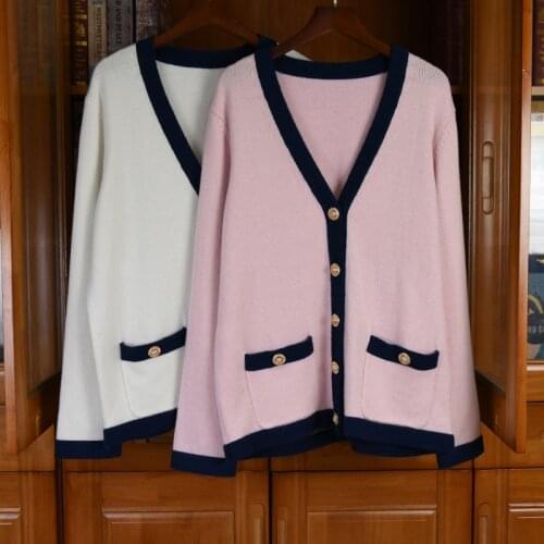 2021 Spring Womens High quality Wool Knitted jackets Vintage V-neck 100% Cashmere cardigans C825