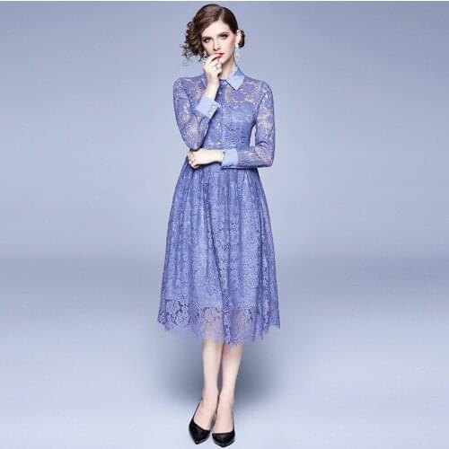 Dress 2021 spring and autumn new dress womens Lapel lace hollow long sleeve slim mid long dress