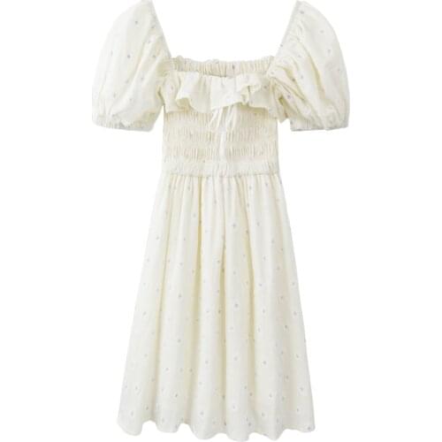 Sexy Ruffles Women Puffed Sleeves Dress Square Neck Bow Slim Waist Floral Dresses New 2020 Summer fashionPrincesPleated Dresses