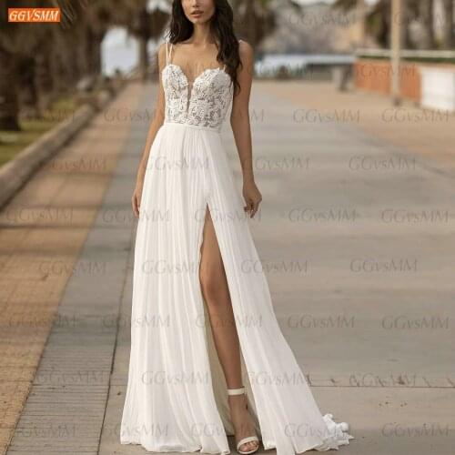 Boho Chiffon Wedding Gown 2021 White robe de mariage Custom Made hochzeitskleid Lace Appliques Backless A Line Bridal Dresses