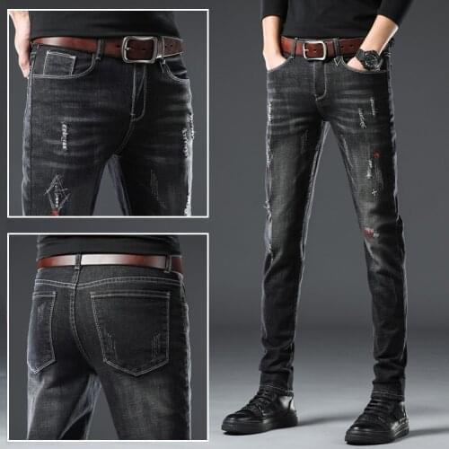 2021 Spring Autumn Mens Black Blue Hole Ripped Scratched Denim Classic Pencil Pants Youth Fashion Slim-fit Jeans Male 27-36