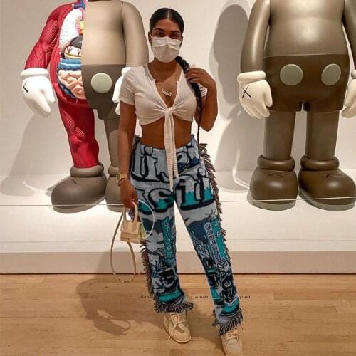 New Autumn Spring Women Pants High Waist Activewear Pencil Trousers Sporty Print Side Tassel Pants Sweatpants