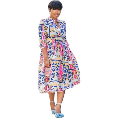 Cutubly Women Printed Dress High Waist Long Sleeves Sexy Dress For Women Office Ladies Classy Floral New Female Mid Dress Robes