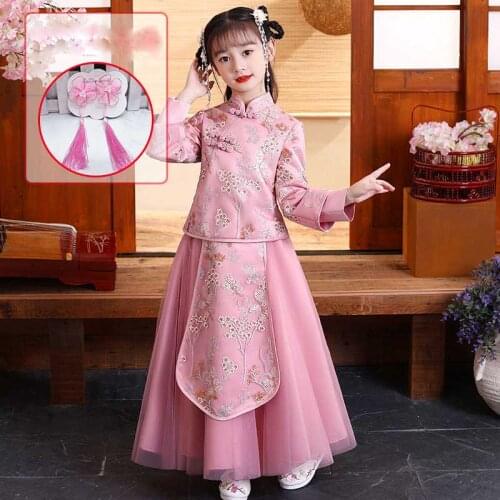 Autumn And Winter Girls' Hanfu Long Sleeves Dress Chinese Style Tang Costume Cheongsam New Years Dress Stage Dress Party Dress