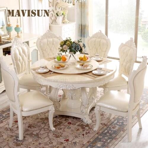 European Natural Marble Dining Table And Chair Combination Round With Turntable All Solid Wood Dining Table High-End Furniture
