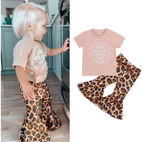 FOCUSNORM 1-6Y Summer Lovely Infant Girls Clothes Sets Letter Printed Short Sleeve T Shirts Leopard Flare Pants 2pcs