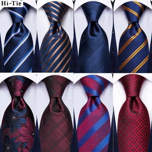 Hi-Tie Mens Necktie Navy Blue Gold Striped Silk 8.5cm Wedding Tie For Men New Fashion Design Hanky Cufflinks Set Quality Necktie