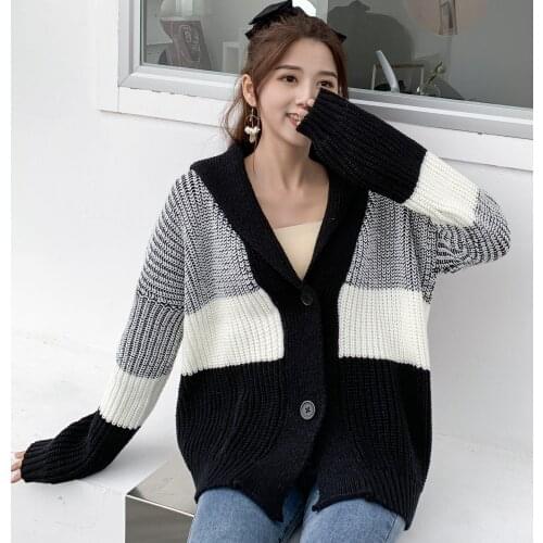 Cardigan Sweater Autumn And Winter Retro French Color Contrast Lazy Style Knit Cardigan Womens Cardigan Loose Thicken Jacket