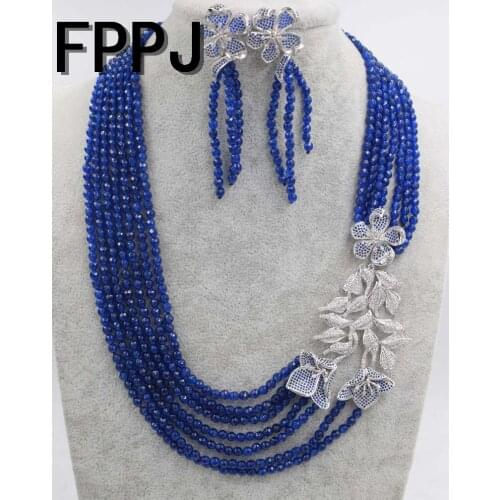One set 7rows blue jade round faceted 4mm and blue flower pendant and earrings 18-23inch wholesale beads nature