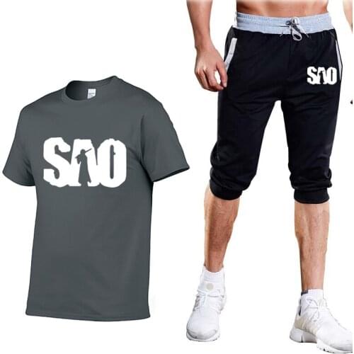 Summer Mens Suits Anime Sword Art Online SAO Printed trend high quality Cotton Mens short sleeve+3/4 jogging shorts 2-piece
