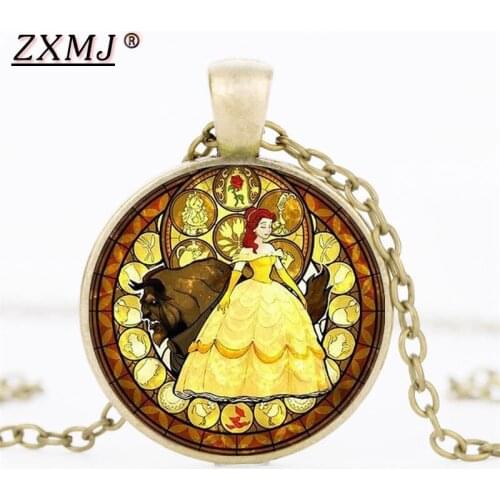 ZXMJ Beauty and the Beast Necklace Pendant Glass Art Photo Cabochon Pendant Necklaces Link Chain Charm Jewelry gift For Women