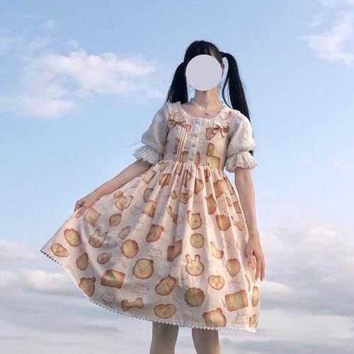 Sweet Lolita Dress Bear Biscuits Bowkont 2021 Summer JSK Sling Tutu Dress Lolita Princess Tea Party Kawaii Japanese Dress