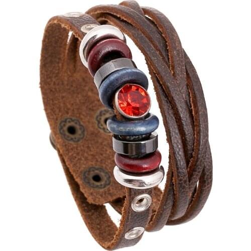 Dankaishi Multilayer Leather Bracelet for Women Red Crystal Glass Bead Metal Spacers Punk Style Brown Color Wristband Bangles