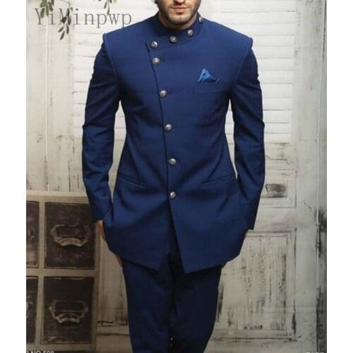 YiMinpwp Navy Men Suits Stand Collar Prom Suits Slim Fit 2 Piece Costume Mariage Homme Wedding Suits for Men 2 Piece Coat+Pant