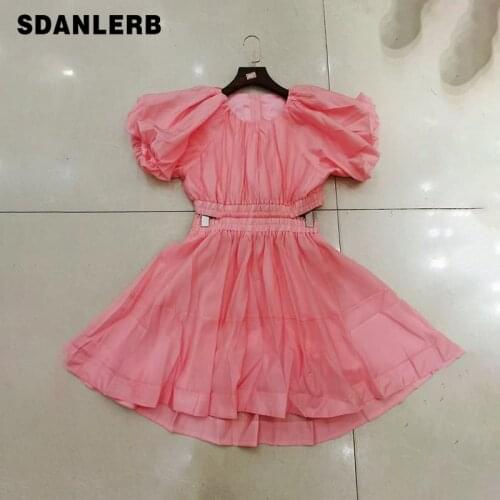 2021 Summer New Girl Fake Two-Piece Dress Waist-Leaking Short Dress Women Slimming Puff Short Sleeve Crew Neck Mini Dress