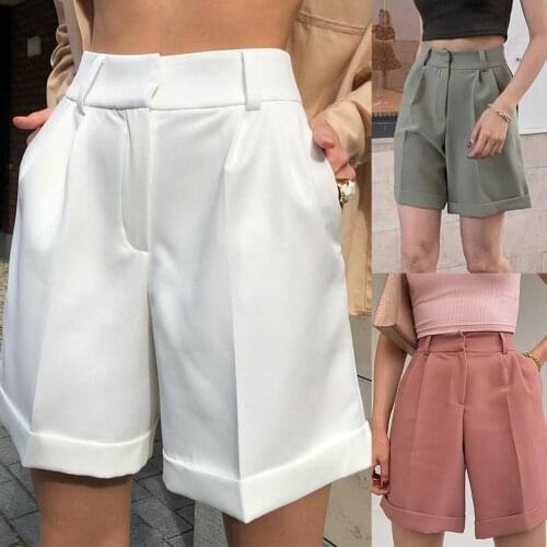 New Stylish Women Casual Solid Color High Waist Office Pockets Suit Shorts Short Trousers Party Pants