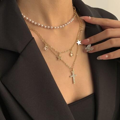 Pastoral Retro Geometric Cross Combination Necklace European and American French Elegant Imitation Pearl Beaded Chain Necklace