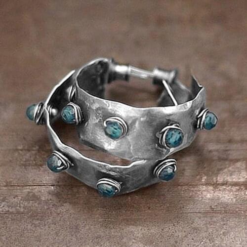 Tribal Geometric Round Blue Stone Stud Earrings Beaded Jewelry Boho Ancient Silver Color Circle Earring Ear Accessory