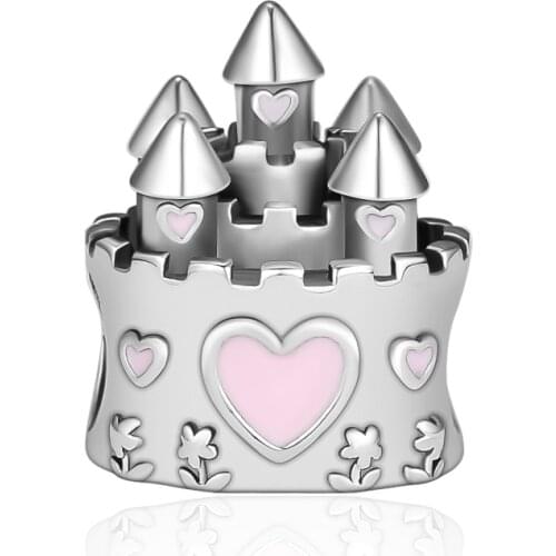 Fits Pandora Charms Bracelets Speeping Beauty Castle Beads with Pink Enamel 100% 925 Sterling-Silver-Jewelry Free Shipping