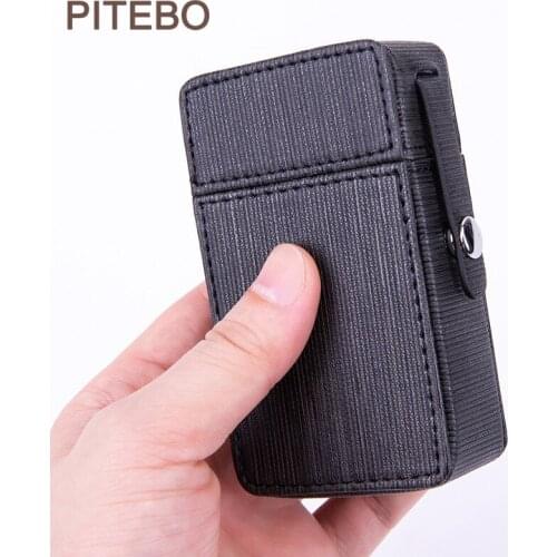 PITEBO Business mens leather cigarette pack 20PCS cigarette pack portable leather bag Storage box Stripes Large capacity