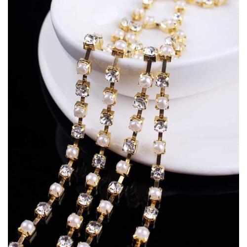 Pulaqi Pearls Rhinestones Sewn Silver/Gold Beaded Rhinestone for Clothes Handiwork Claw Glass Rhinestone Chain Strass Hotfix DIY