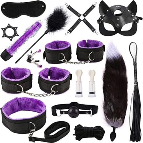 Sexy Nylon BDSM Kits Plush Sex Bondage Set Handcuffs Sex Games Whip Gag Nipple Clamps Sex Toys For Couples Exotic Accessories
