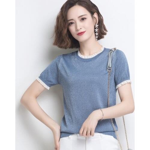 Chic summer oversize Sweater shiny ruffle neck pullovers lady sweaters basic Female black knit sweater short sleeve 2021