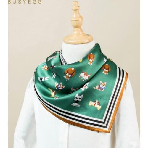 Dark green natural silk scarf with cute dog printed 100% real silk scarves small 50cm square handkerchief gift for child or lady