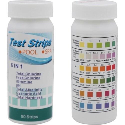 50PCS 6-In-1 Swimming Pool Test Paper Residual Chlorine PH Value Alkalinity Hardness Test Strip for Spa Hot Tub Water Quality