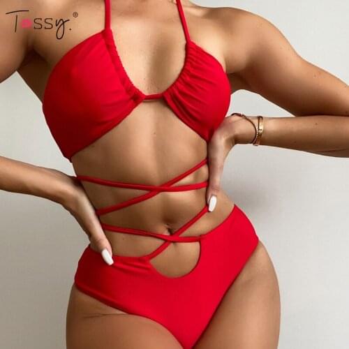 Tossy Micro Pleated Solid Biquini Two Piece Set Swimming Wear 2021 Sexy Halter Bandage Swimsuit Beach Swimwear For Women Bikini
