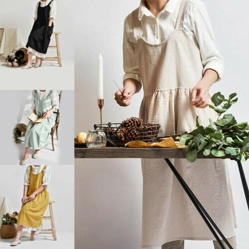 Vintage Women Lady Cross Cotton Linen Aprons Dress Japanese Style Sleeveless Pinafore Home Coffee Cooking Florist Casual Dress