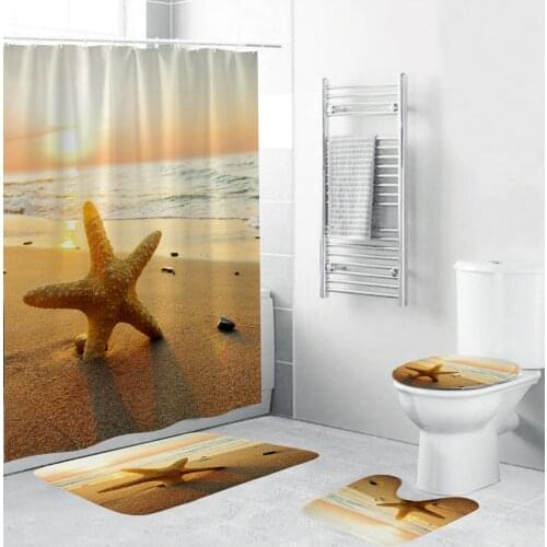 Sunrise Coastal Beach Scenery Bathroom Shower Curtain Dusk Ocean Starfish Bath Curtains Non-Slip Rugs Toilet Lid Cover Mat Set