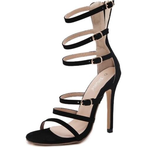 Women sandals Flock Buckle Strap 12cm Thin Heels High heels Round Toe Cover Heel sandal women shoes 2020