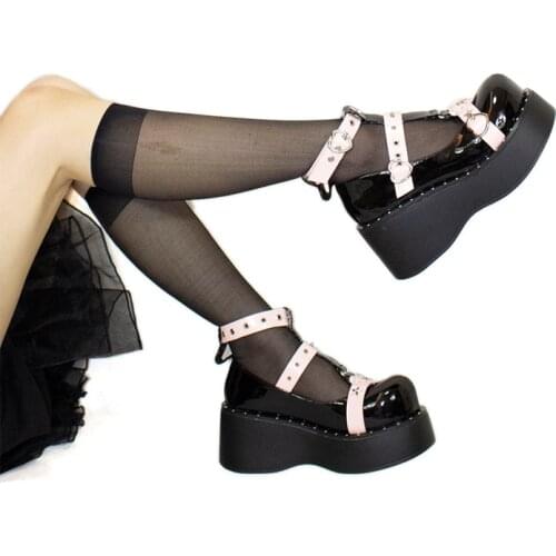 High Heels 7cm Female Punk Style Pumps Big Round Toe Lolita Shoes Dark Loli Bad Jk Girls Gothic Women Cosplay Goth Rivet Black