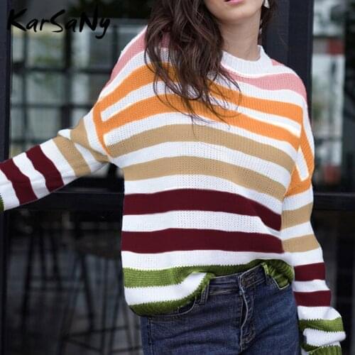 KarSaNy Oversized Rainbow Sweater for Women Striped Pullover Crochet Sweater Rainbow Oversized Jumper Women Sweaters Pull Femme