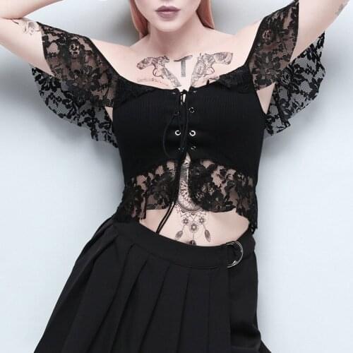 2020 Summer Women Crop Short Sleeve Tops harajuku Elegant Lady Tops New Wear Black Sexy Lace Bandage Off Shoulder Tee Shirts